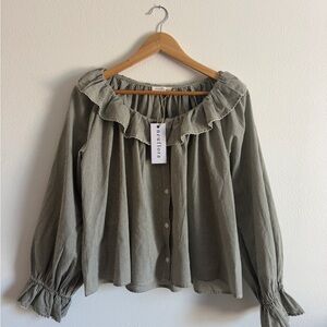 Ruffled Gingham Button-Front Blouse in Olive